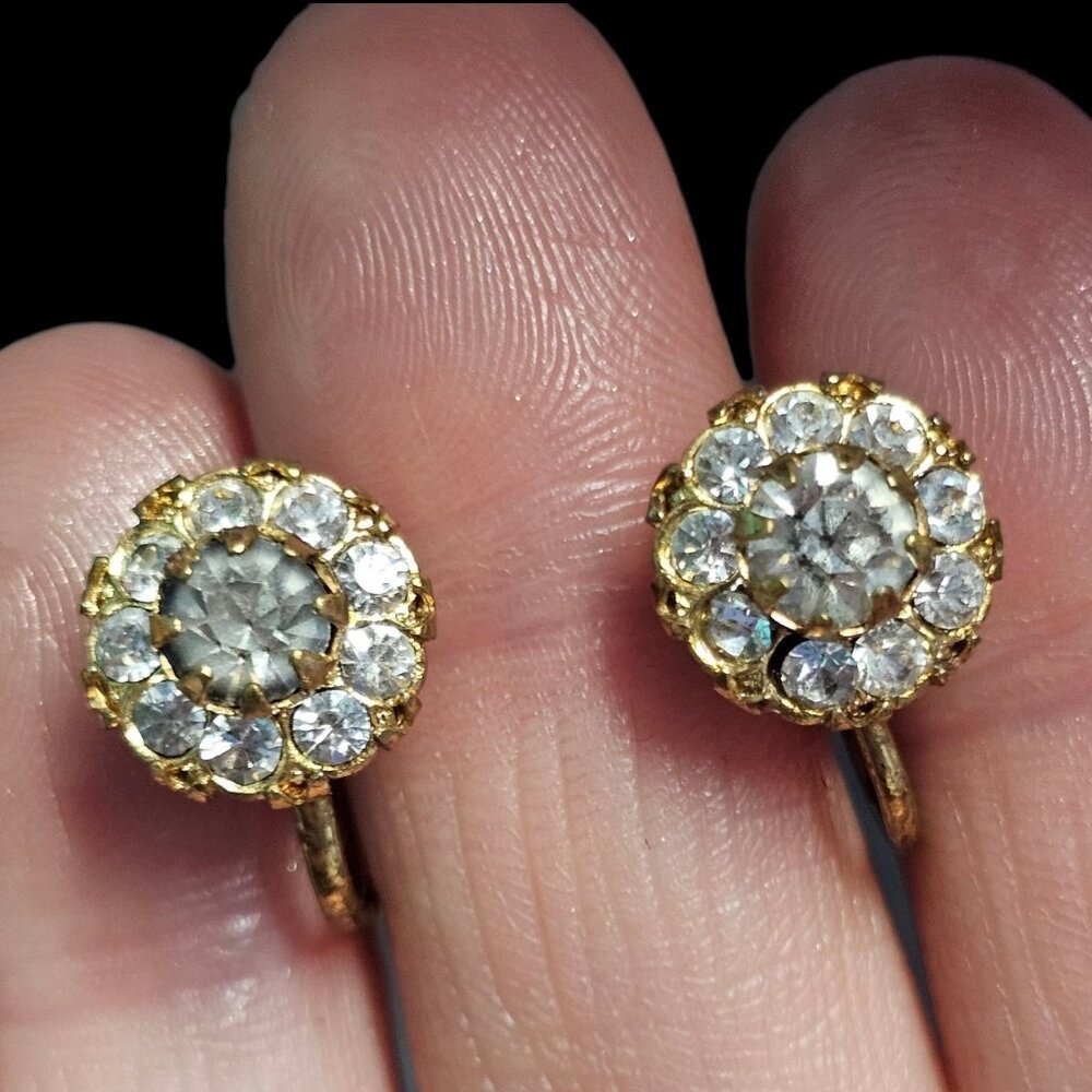VTG Coro Earrings Clipon Flower Rhinestone Screw Back Gold Tone 60s Mod‎